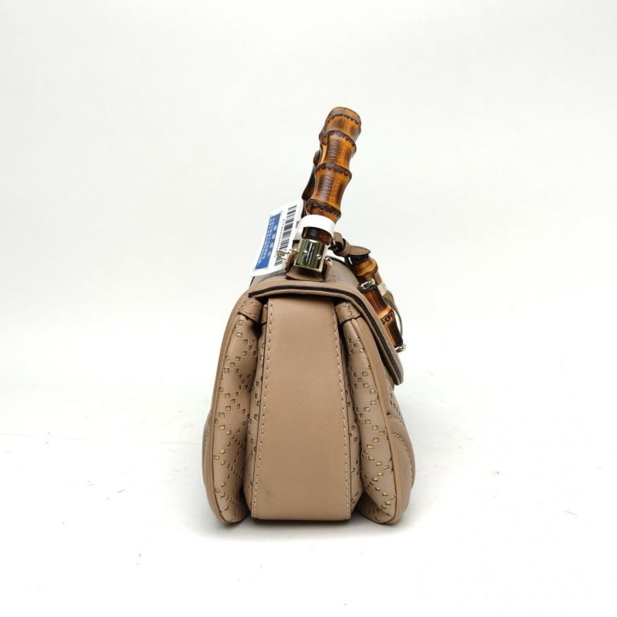 GUCCI 棕色牛皮革淺金扣Bamboo竹節包流蘇肩背包-3