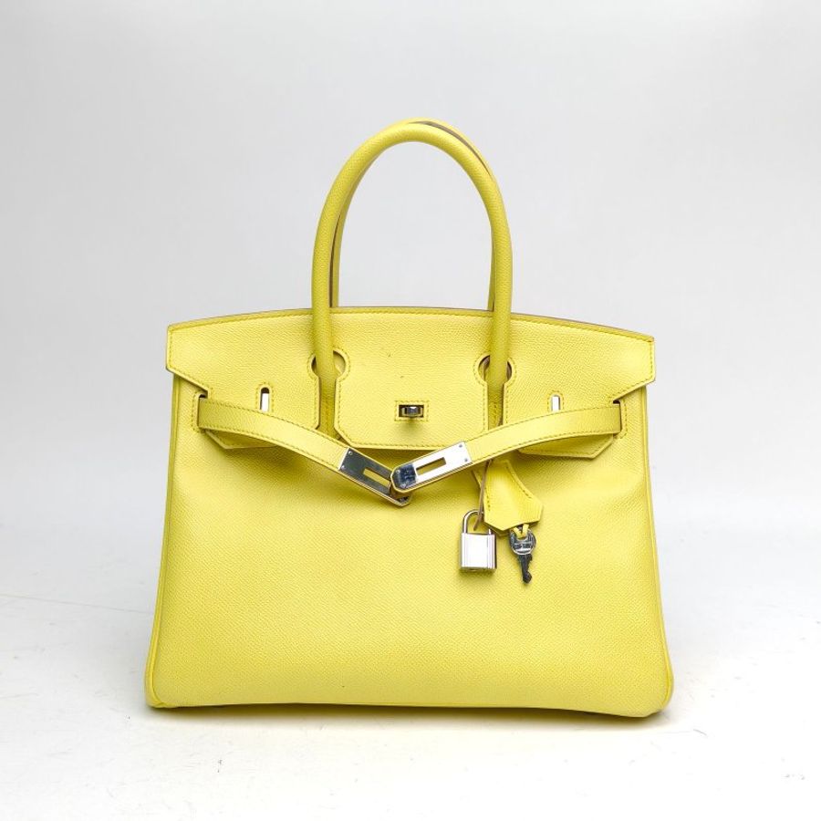 HERMES Birkin30檸檬黃Epsom皮框Q銀扣刻肩背包-0