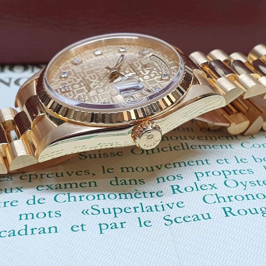 【大眾名錶】ROLEX勞力士 18238 Day-Date 18K金 蠔式日誌 金色十鑽紀念面盤 大眾名錶G349-6