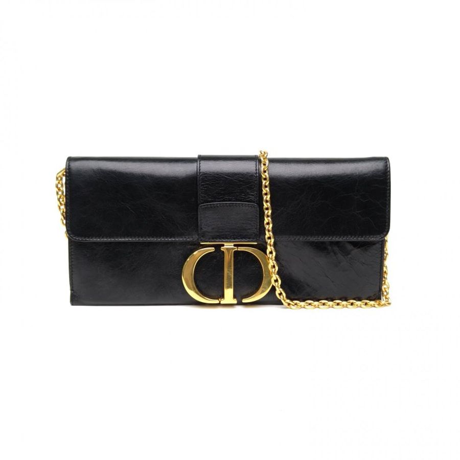 DIOR 黑色牛皮革金扣Montaigne橫版信封鏈條包肩背包-0