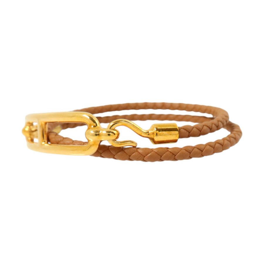 HERMES Swift皮革/金屬Roulis Double Bracelet金扣手鏈Gold-1