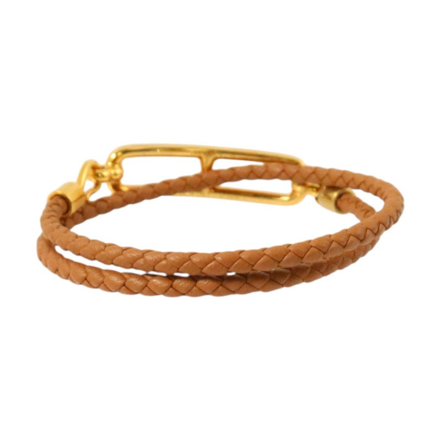 HERMES Swift皮革/金屬Roulis Double Bracelet金扣手鏈Gold-2