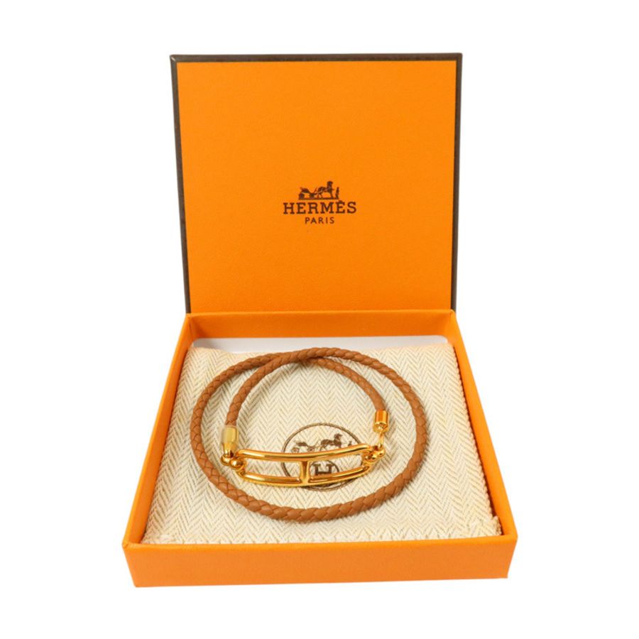 HERMES Swift皮革/金屬Roulis Double Bracelet金扣手鏈Gold-9