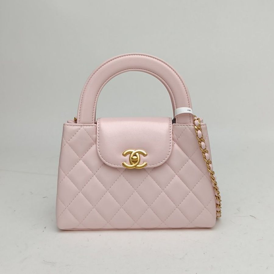 CHANEL Kelly鏈條手柄手提包粉色羊皮革晶片金扣肩背包-0