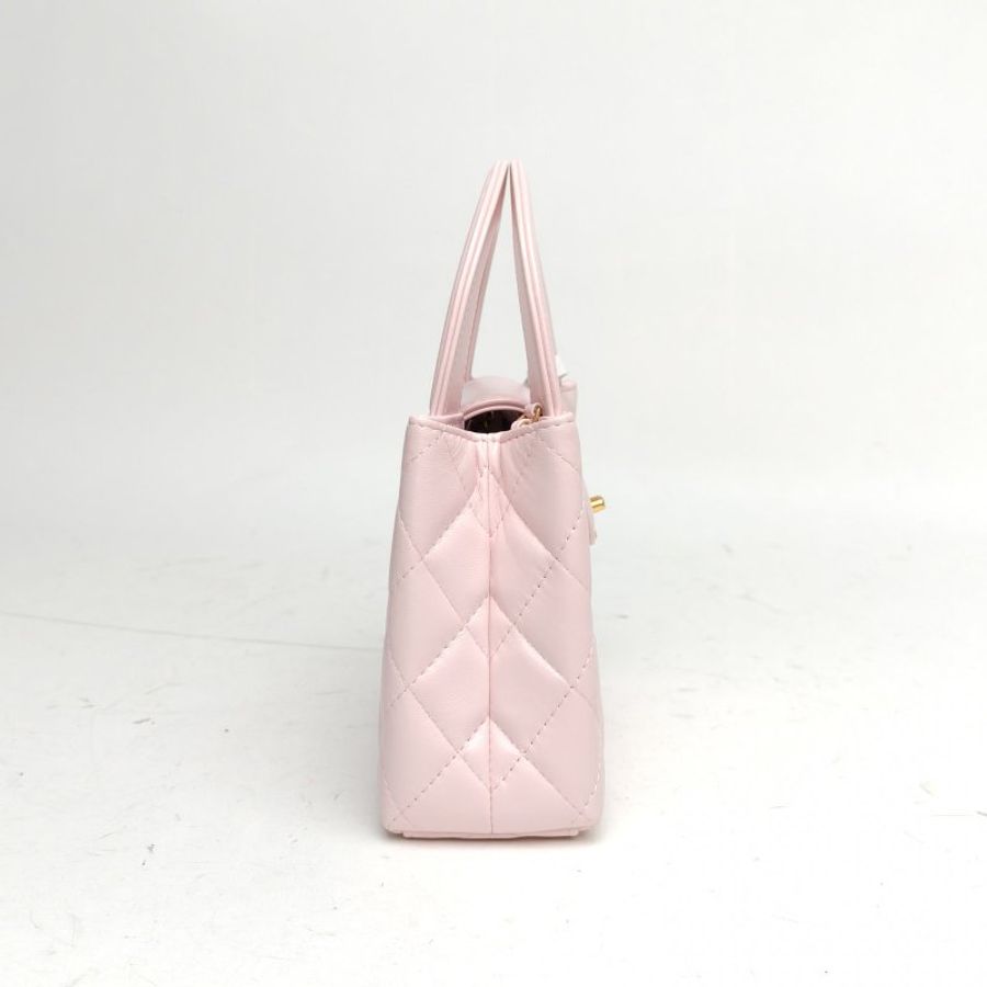 CHANEL Kelly鏈條手柄手提包粉色羊皮革晶片金扣肩背包-3