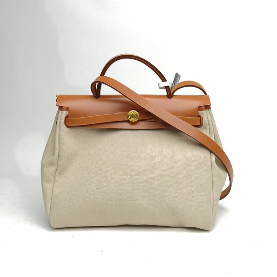 HERMES Herbag31冰川白拼金棕色U刻金扣肩背包-0