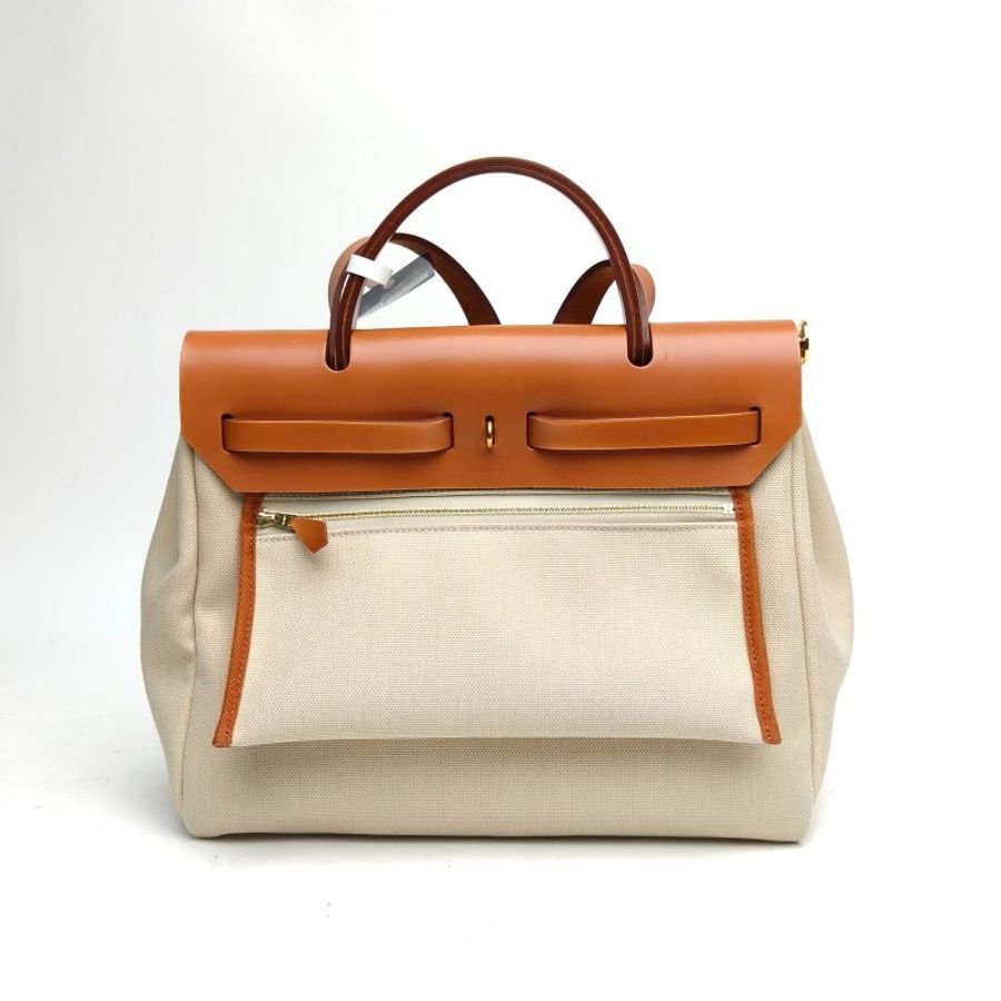 HERMES Herbag31冰川白拼金棕色U刻金扣肩背包-2