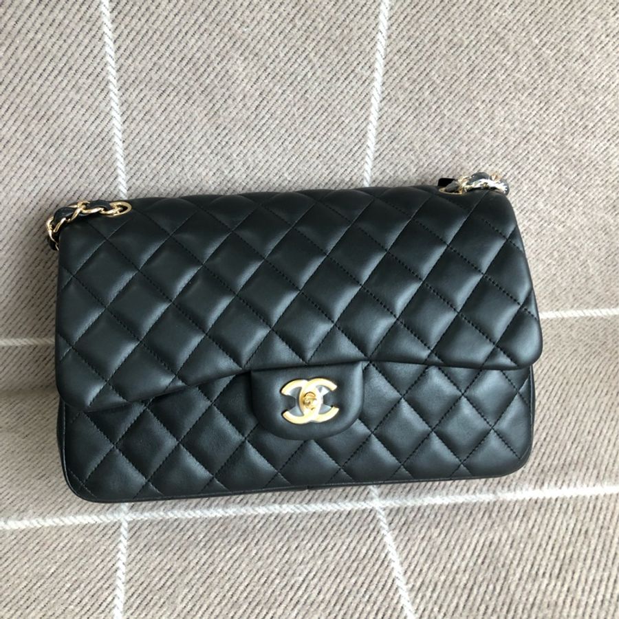 Chanel香奈兒cf jumbo黑金羊皮雙蓋鏈條包,鐳射27開-0