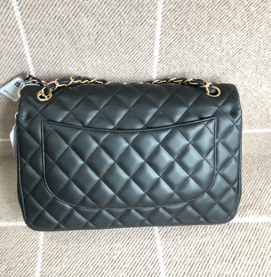 Chanel香奈兒cf jumbo黑金羊皮雙蓋鏈條包,鐳射27開-1