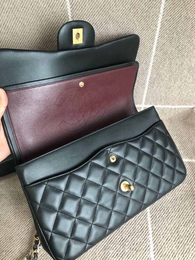Chanel香奈兒cf jumbo黑金羊皮雙蓋鏈條包,鐳射27開-4