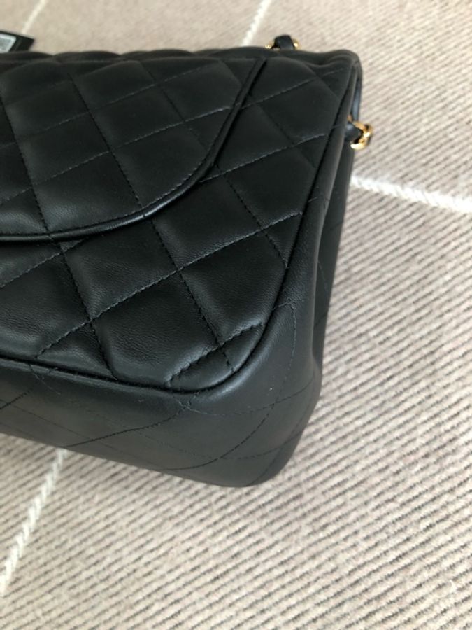 Chanel香奈兒cf jumbo黑金羊皮雙蓋鏈條包,鐳射27開-10