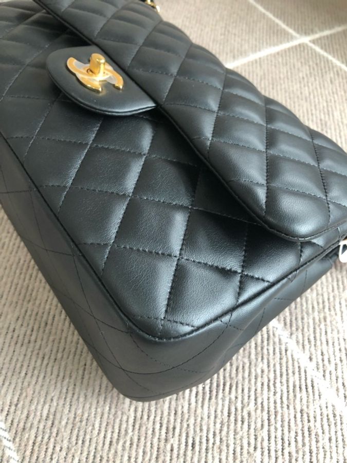 Chanel香奈兒cf jumbo黑金羊皮雙蓋鏈條包,鐳射27開-12