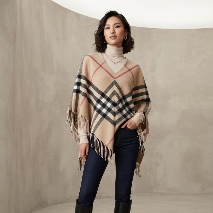 112)Burberry 經典格紋羊毛喀什米爾流蘇斗篷 95成新-1