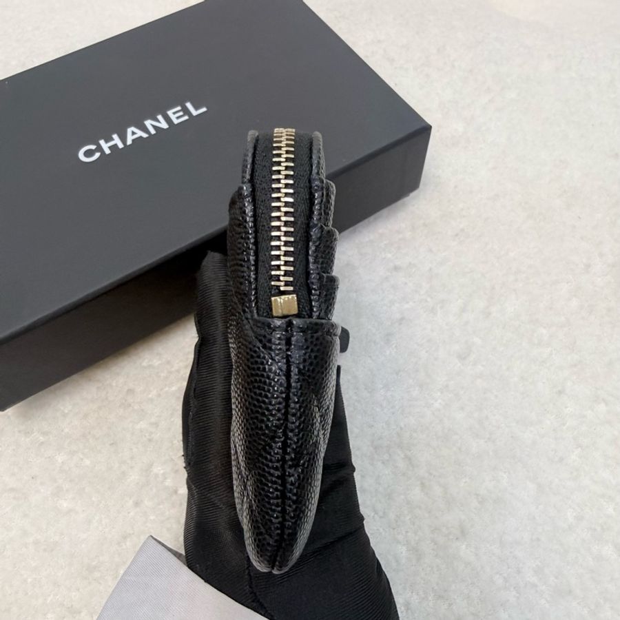 Chanel黑色荔枝皮淡金釦四層卡零錢袋-10