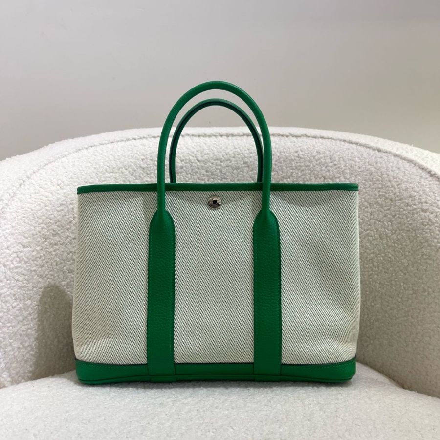 愛馬仕 Hermes Garden party30 竹子綠拼帆布 花園30手提包 銀扣-1