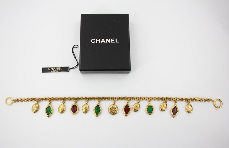 Chanel Vintage 71-80 琉璃紅綠菱形橢圓形鍍金頸鏈-5