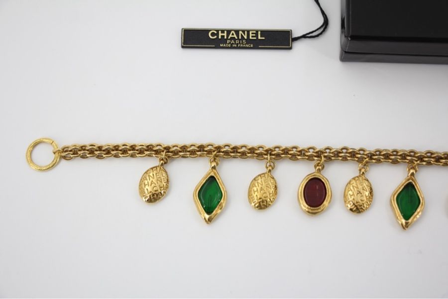 Chanel Vintage 71-80 琉璃紅綠菱形橢圓形鍍金頸鏈-6
