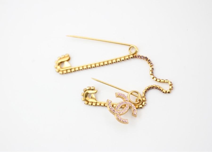Chanel Vintage 02P 水鑽粉紅鑽鍍金兩個別針胸針-3