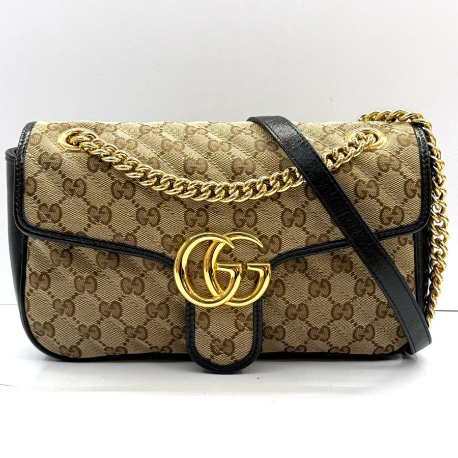 GUCCI 古馳 棕色GG帆布鏈條肩背包 斜背包 443497-0