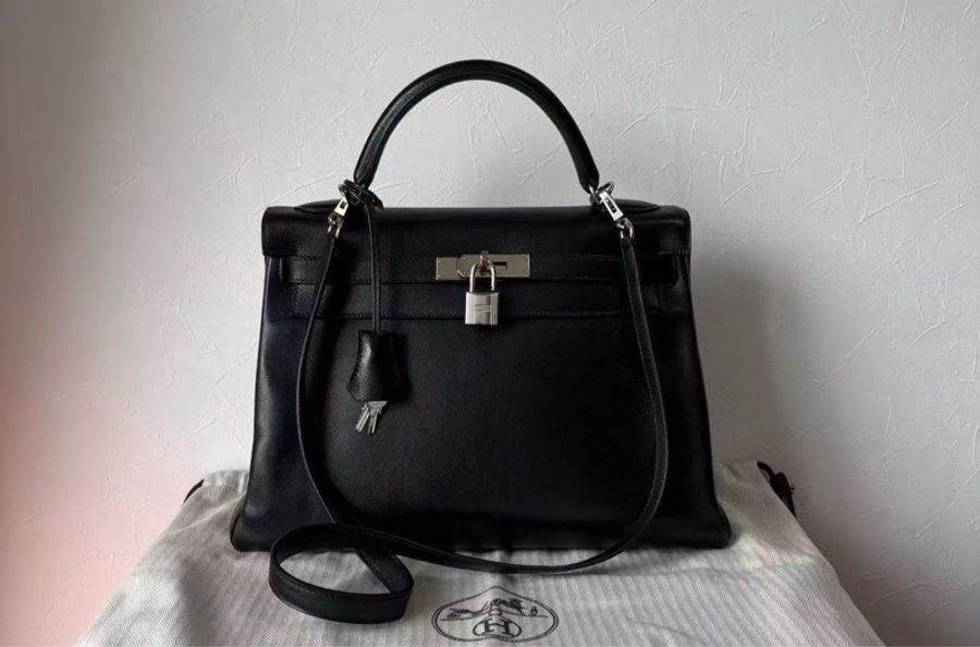 愛馬仕 Kelly32 黑銀 Evergrain 皮,(2009 年包款),附件:鎖頭、鑰匙、塵袋。-10
