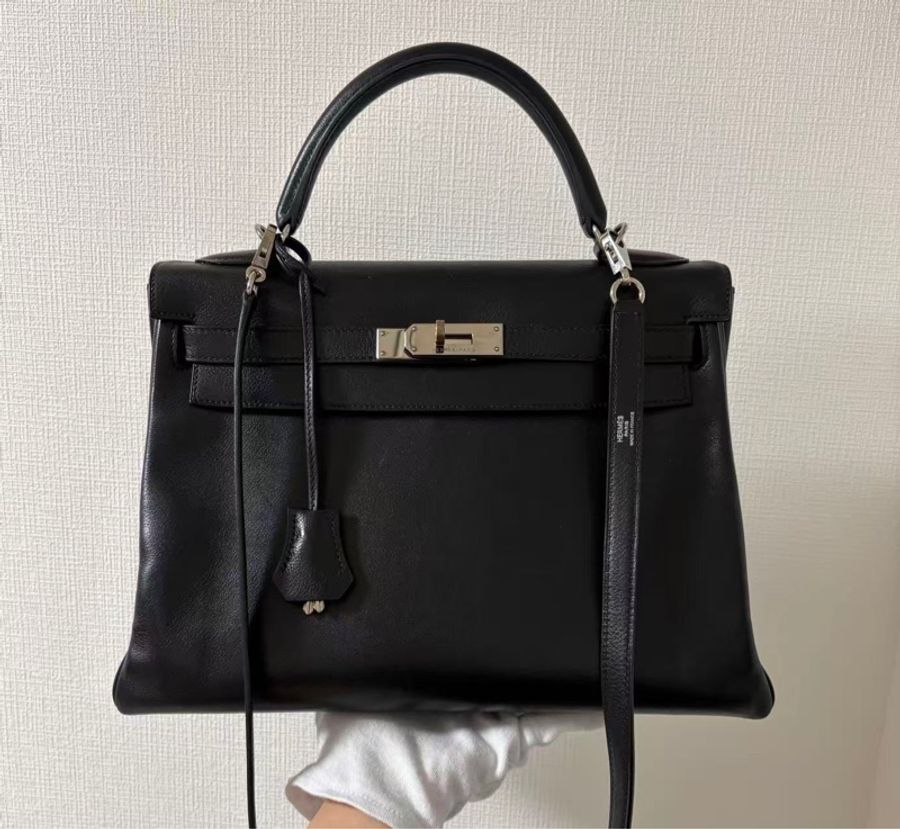 愛馬仕 Kelly32 黑銀 Evergrain 皮,(2009 年包款),附件:鎖頭、鑰匙、塵袋。-11