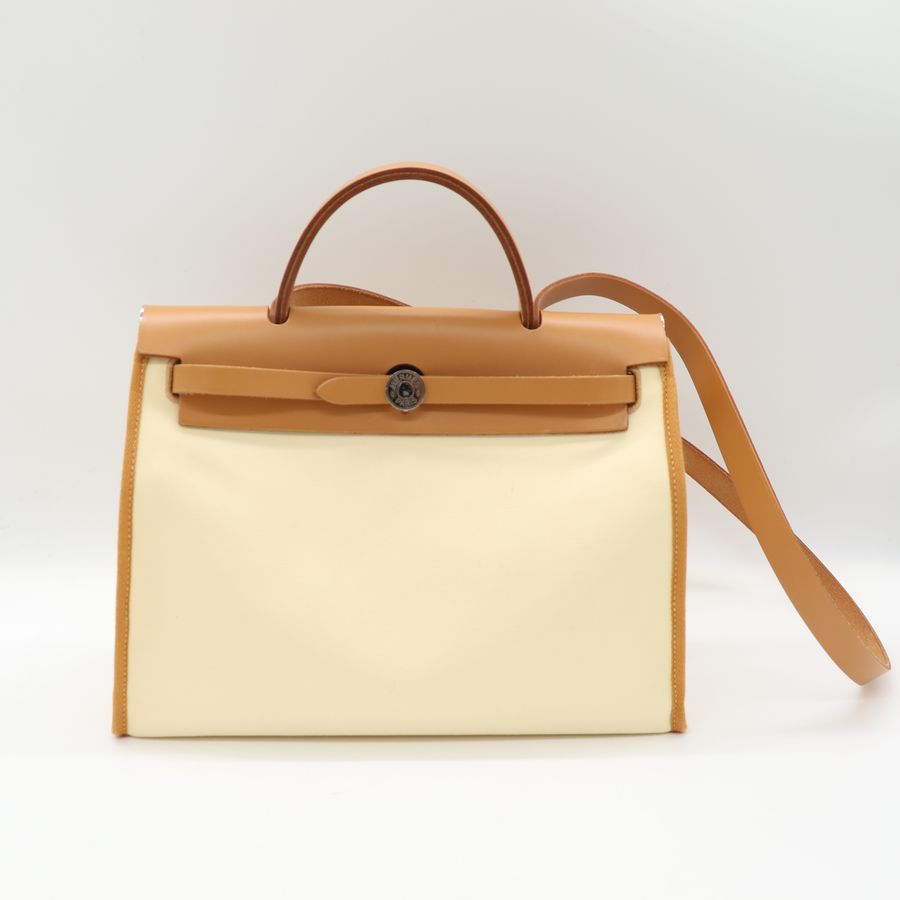 Hermes Herbag Zip 31 鵝黃/棕 拚色 銀扣外縫包邊 D刻-1