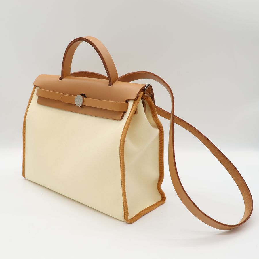 Hermes Herbag Zip 31 鵝黃/棕 拚色 銀扣外縫包邊 D刻-3