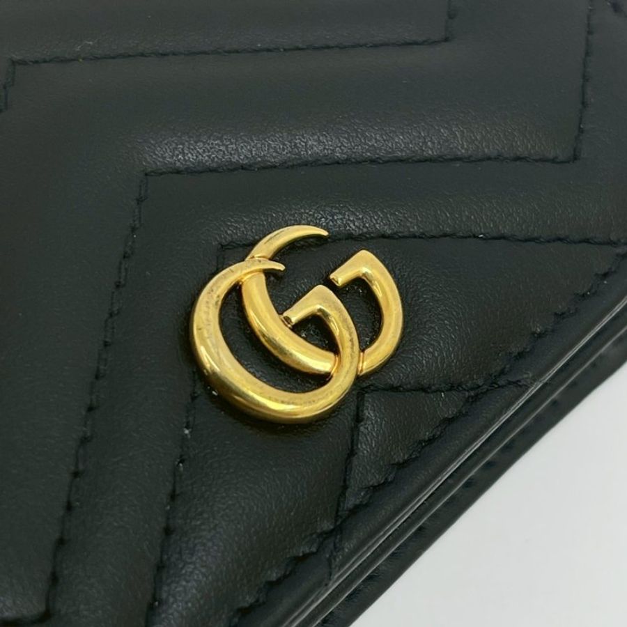 GUCCI Marmont 愛心兩摺拉鍊零錢袋短夾 黑金-7