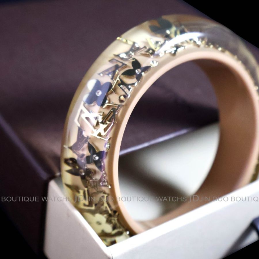 金鐸精品~2543 LOUIS VUITTON LV路易威登M65607金色字紋圓花透明與杏仁色壓克力寬版手環-4
