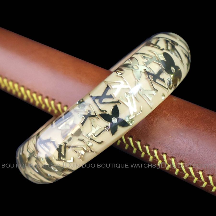 金鐸精品~2543 LOUIS VUITTON LV路易威登M65607金色字紋圓花透明與杏仁色壓克力寬版手環-6