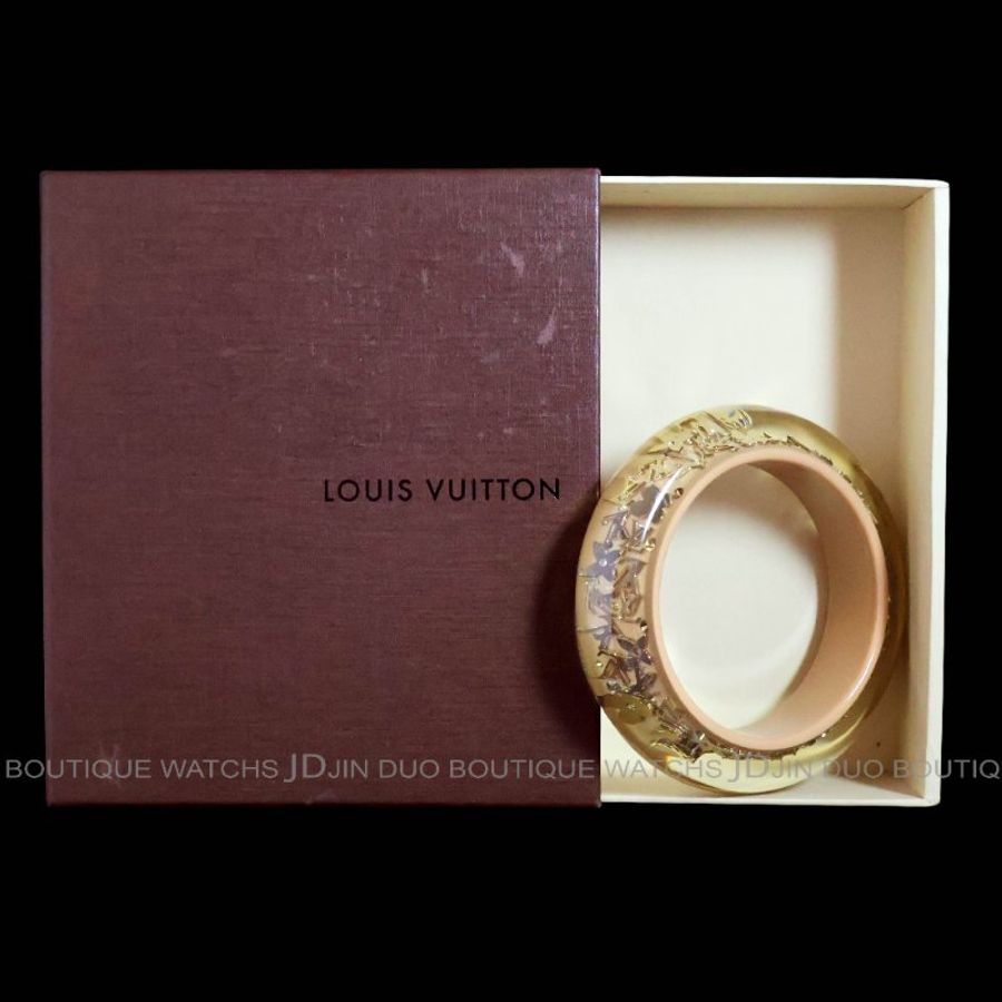 金鐸精品~2543 LOUIS VUITTON LV路易威登M65607金色字紋圓花透明與杏仁色壓克力寬版手環-7