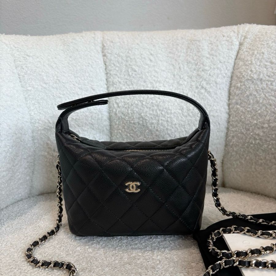 Chanel/ 香奈兒 hobo 飯盒包手輓包斜背包 黑金荔枝皮 25c-2