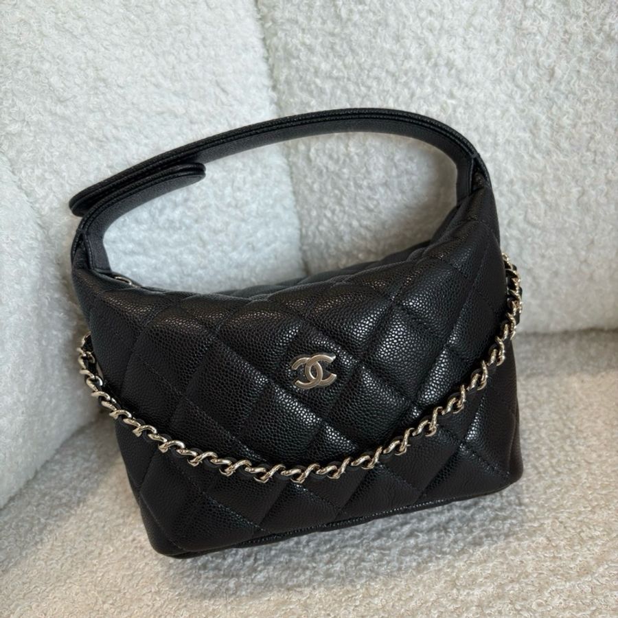 Chanel/ 香奈兒 hobo 飯盒包手輓包斜背包 黑金荔枝皮 25c-3