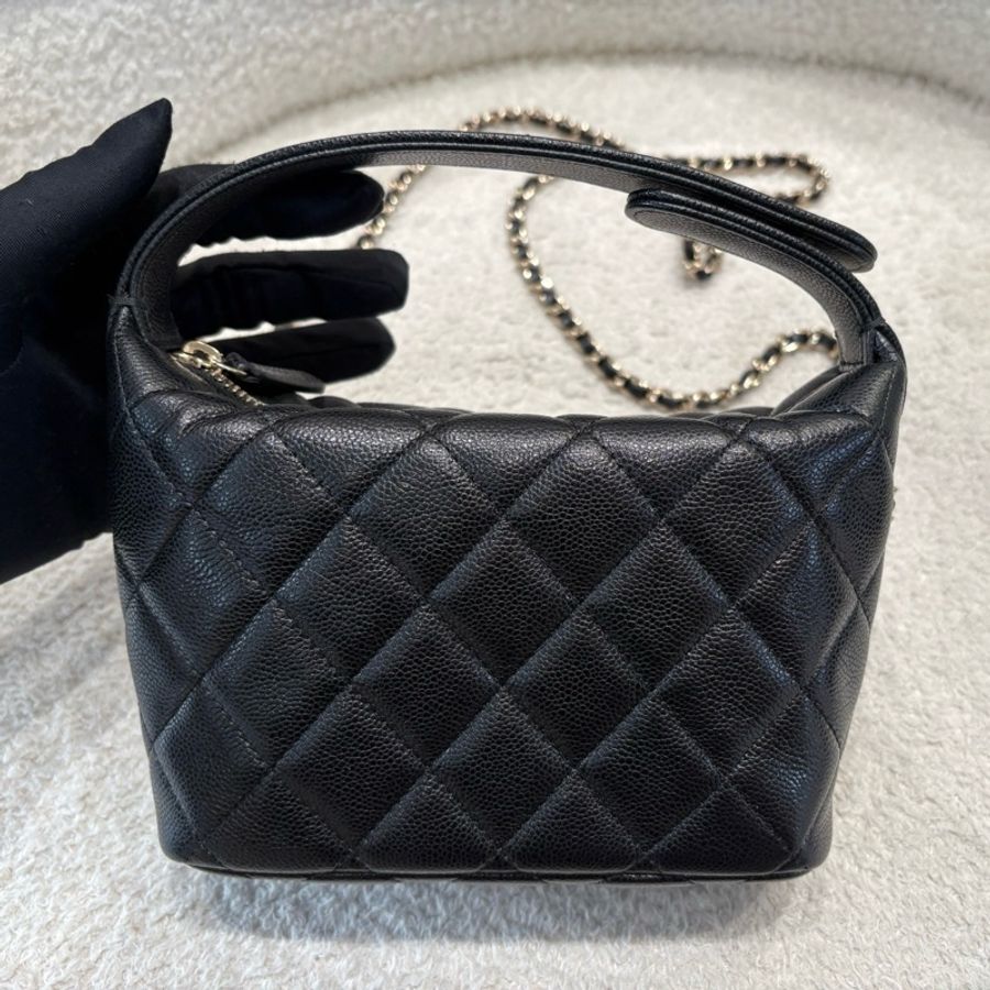 Chanel/ 香奈兒 hobo 飯盒包手輓包斜背包 黑金荔枝皮 25c-5