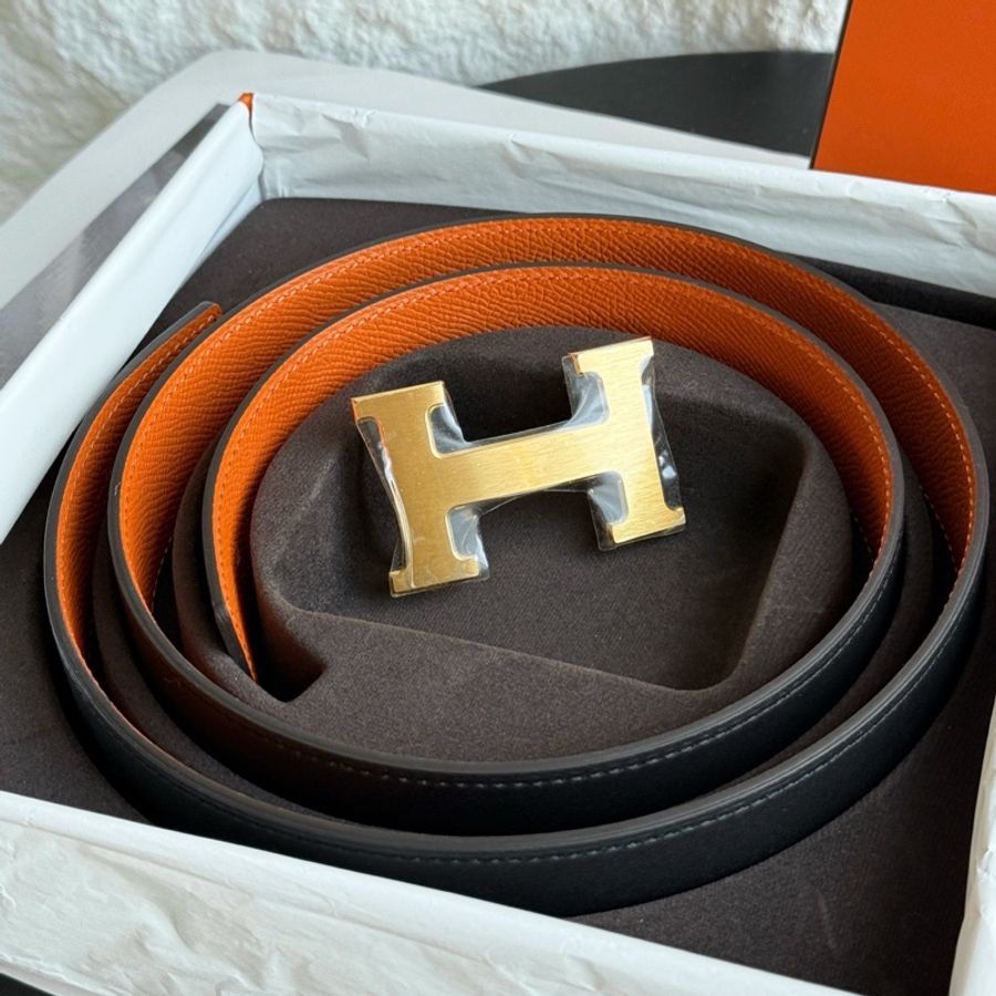Hermes愛馬仕 H扣皮帶 黑色拼橙色 金色拉絲扣 32mm×85cm。-4