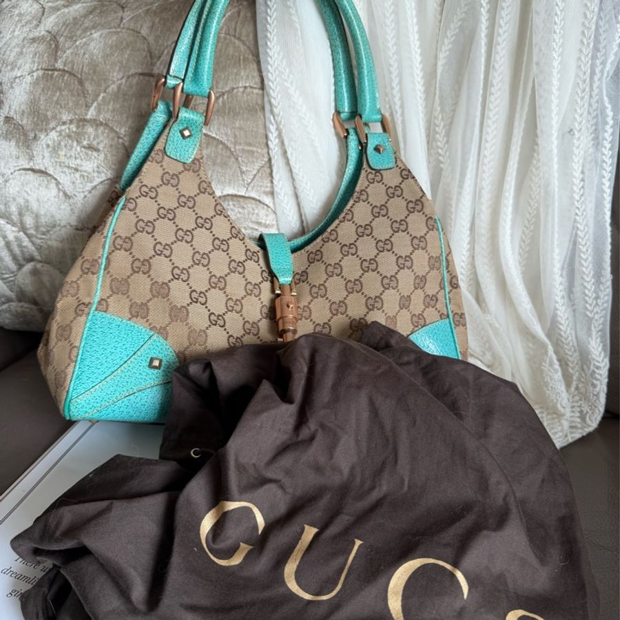 古馳 Gucci 中古 絕版 經典 老花 Jackie Bag 超級罕有 tiffany blue 賈姬包 腋下包 Nailhead Bardot Hobo 肩背包-2