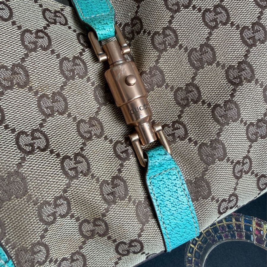 古馳 Gucci 中古 絕版 經典 老花 Jackie Bag 超級罕有 tiffany blue 賈姬包 腋下包 Nailhead Bardot Hobo 肩背包-10