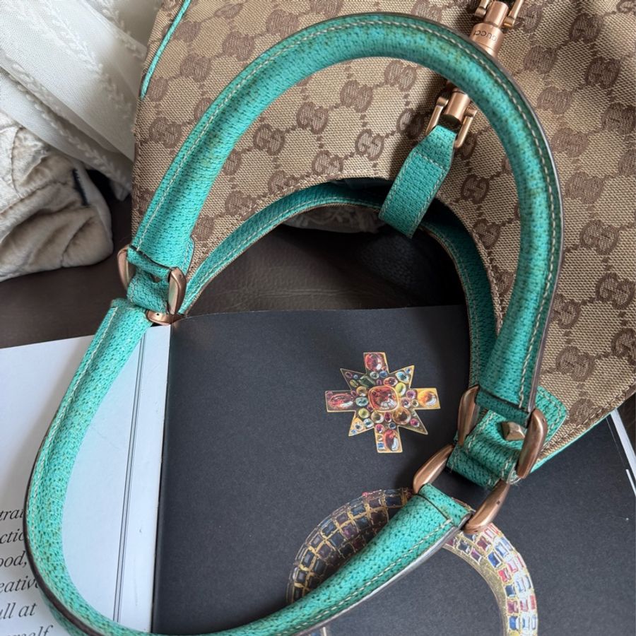 古馳 Gucci 中古 絕版 經典 老花 Jackie Bag 超級罕有 tiffany blue 賈姬包 腋下包 Nailhead Bardot Hobo 肩背包-12