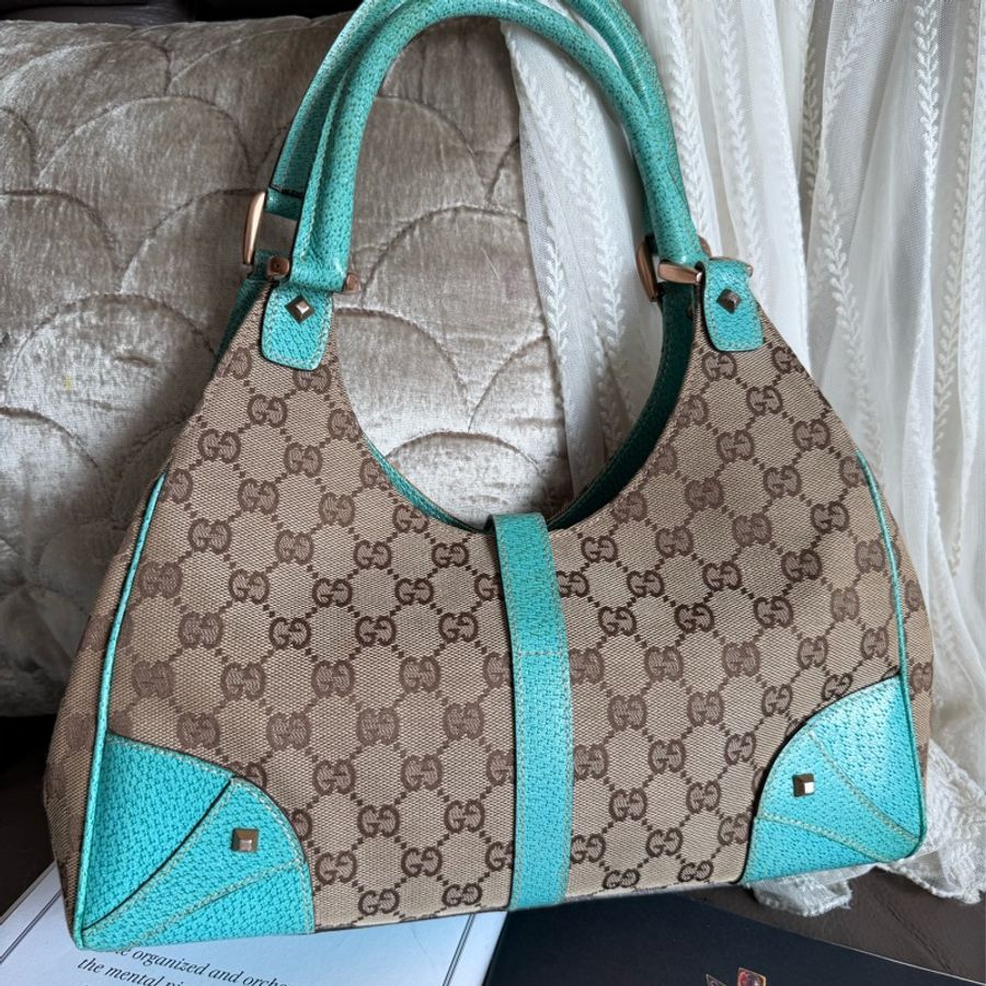 古馳 Gucci 中古 絕版 經典 老花 Jackie Bag 超級罕有 tiffany blue 賈姬包 腋下包 Nailhead Bardot Hobo 肩背包-22