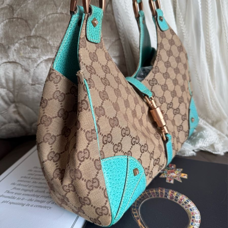 古馳 Gucci 中古 絕版 經典 老花 Jackie Bag 超級罕有 tiffany blue 賈姬包 腋下包 Nailhead Bardot Hobo 肩背包-23