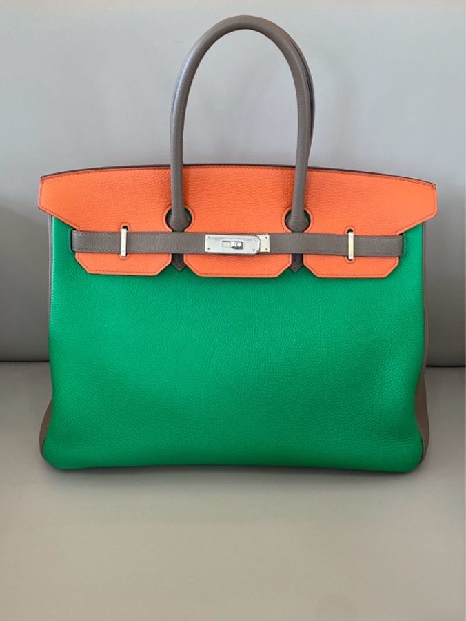 愛馬仕 Birkin 35 竹子綠拼愛馬仕橙拼威馬犬色(Gris Weimaraner),銀扣,TOGO 皮,T 刻印。-1