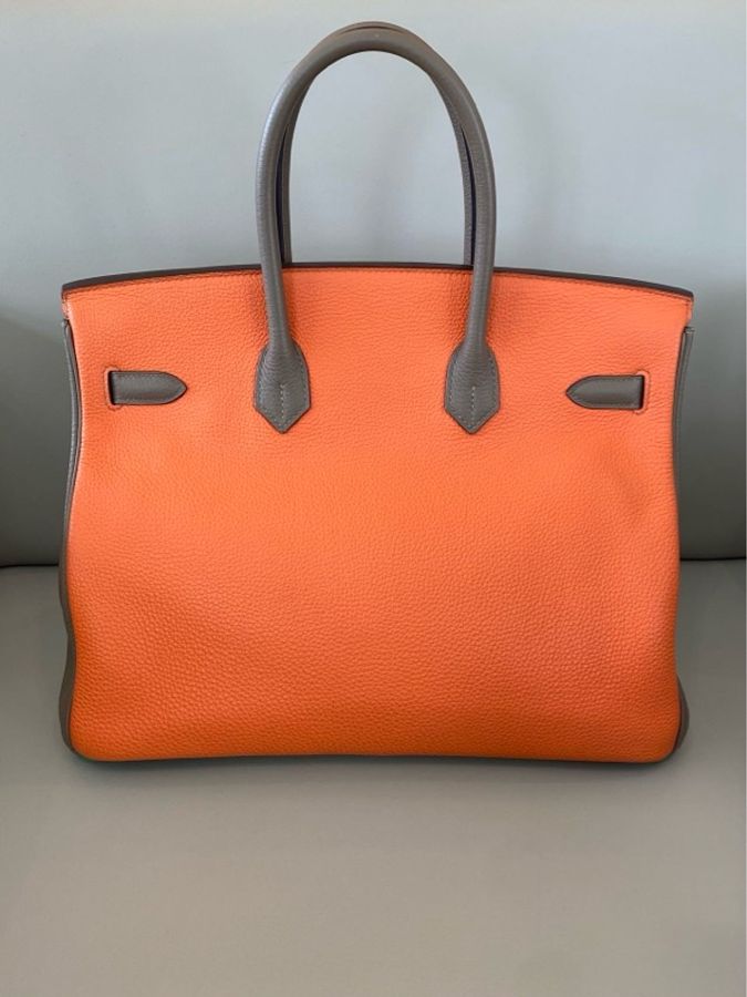 愛馬仕 Birkin 35 竹子綠拼愛馬仕橙拼威馬犬色(Gris Weimaraner),銀扣,TOGO 皮,T 刻印。-2