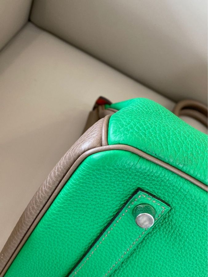 愛馬仕 Birkin 35 竹子綠拼愛馬仕橙拼威馬犬色(Gris Weimaraner),銀扣,TOGO 皮,T 刻印。-8