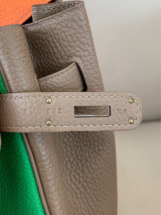 愛馬仕 Birkin 35 竹子綠拼愛馬仕橙拼威馬犬色(Gris Weimaraner),銀扣,TOGO 皮,T 刻印。-10