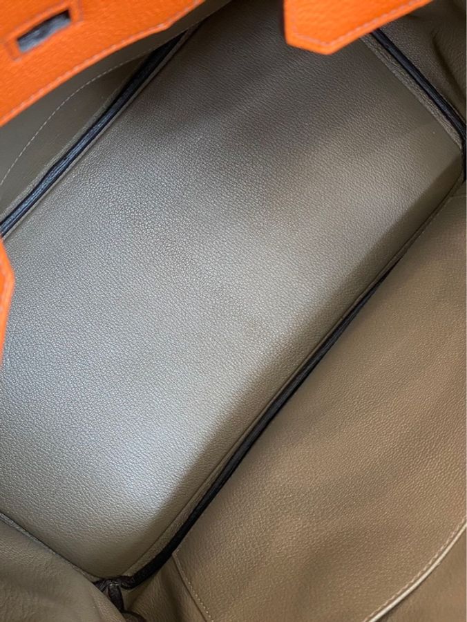 愛馬仕 Birkin 35 竹子綠拼愛馬仕橙拼威馬犬色(Gris Weimaraner),銀扣,TOGO 皮,T 刻印。-11