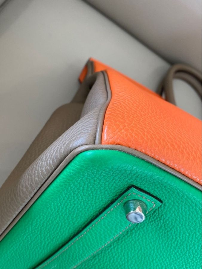 愛馬仕 Birkin 35 竹子綠拼愛馬仕橙拼威馬犬色(Gris Weimaraner),銀扣,TOGO 皮,T 刻印。-20