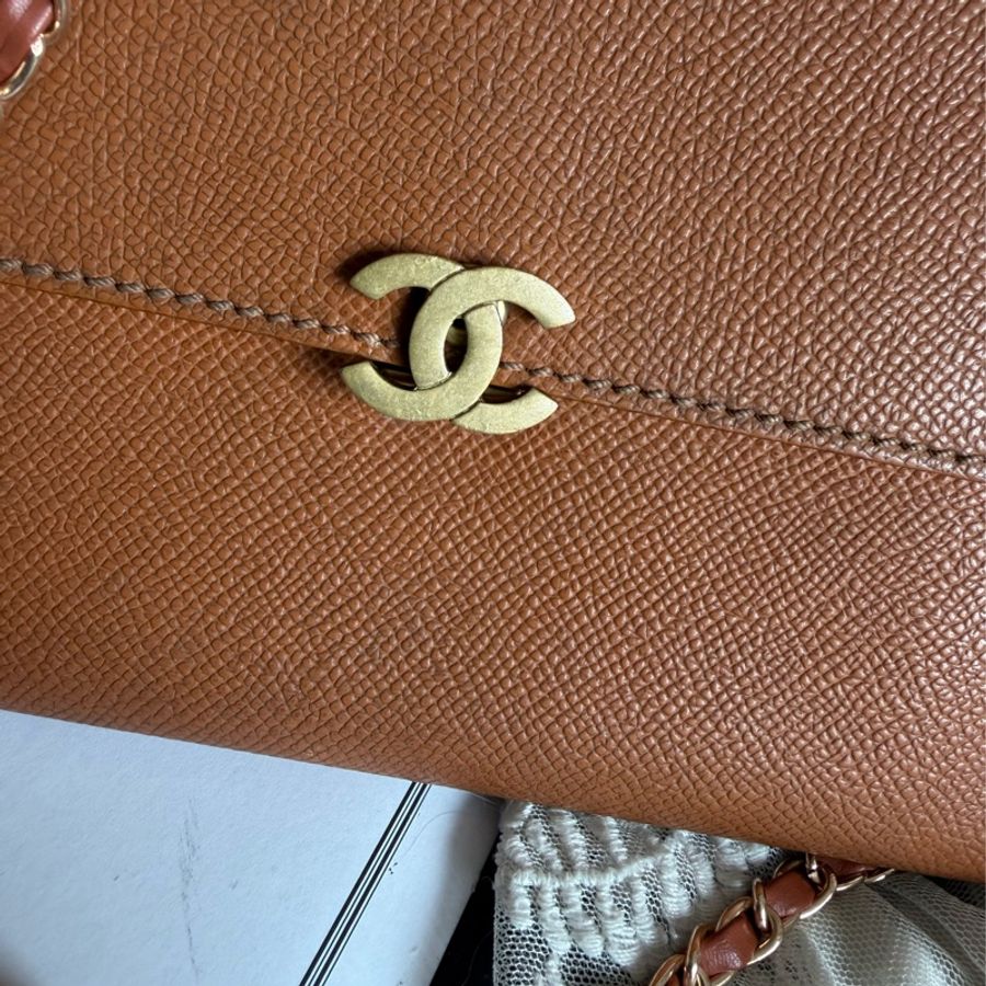 香奈兒 chanel 金棕色 蜜糖色 中古 鏈子皮夾 woc wallet on chain 金扣 翻蓋包 wallet 長夾 牛皮 魚子皮 荔枝皮 斜背包-4