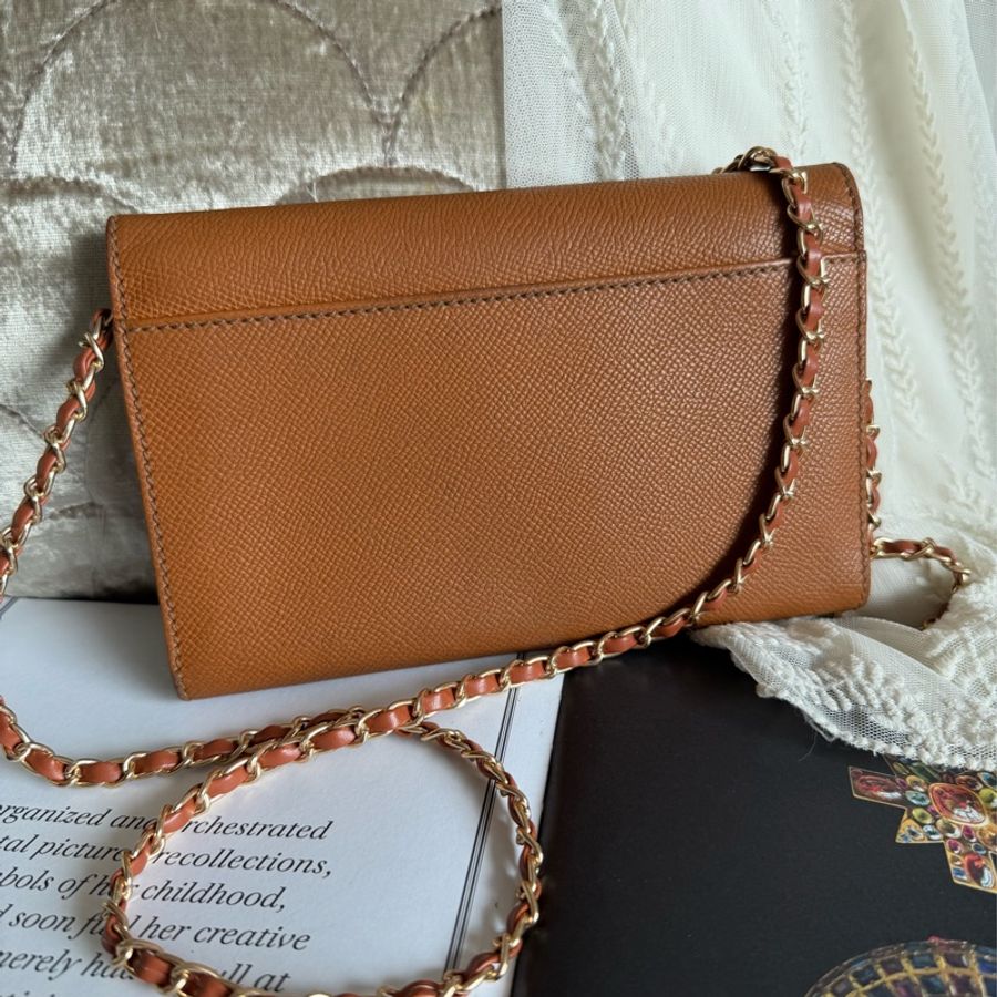 香奈兒 chanel 金棕色 蜜糖色 中古 鏈子皮夾 woc wallet on chain 金扣 翻蓋包 wallet 長夾 牛皮 魚子皮 荔枝皮 斜背包-8