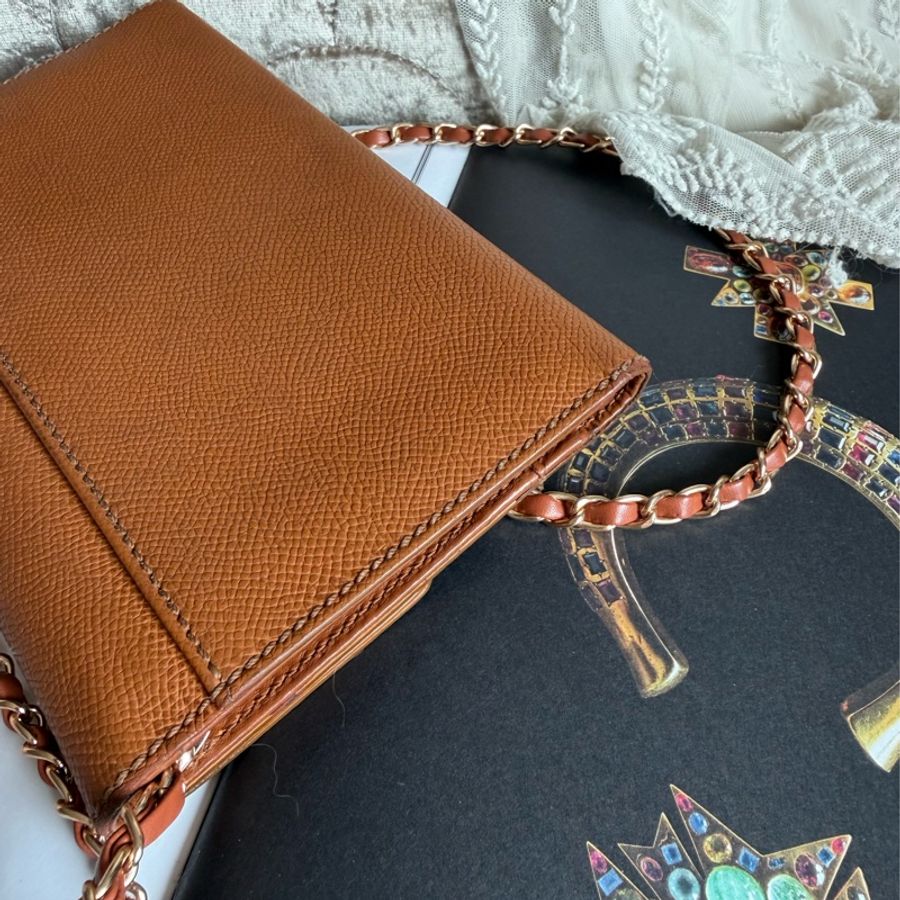 香奈兒 chanel 金棕色 蜜糖色 中古 鏈子皮夾 woc wallet on chain 金扣 翻蓋包 wallet 長夾 牛皮 魚子皮 荔枝皮 斜背包-12