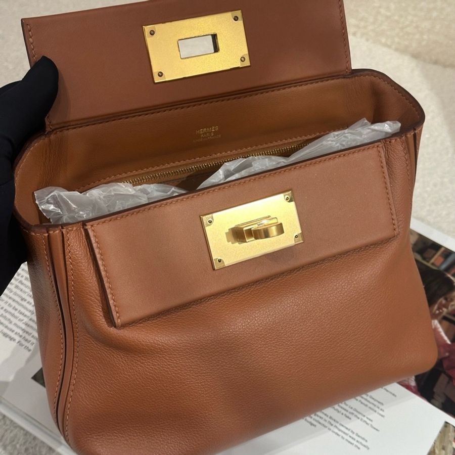 Hermes 愛馬仕 mini 2424 手提包斜挎包 金棕金扣-5